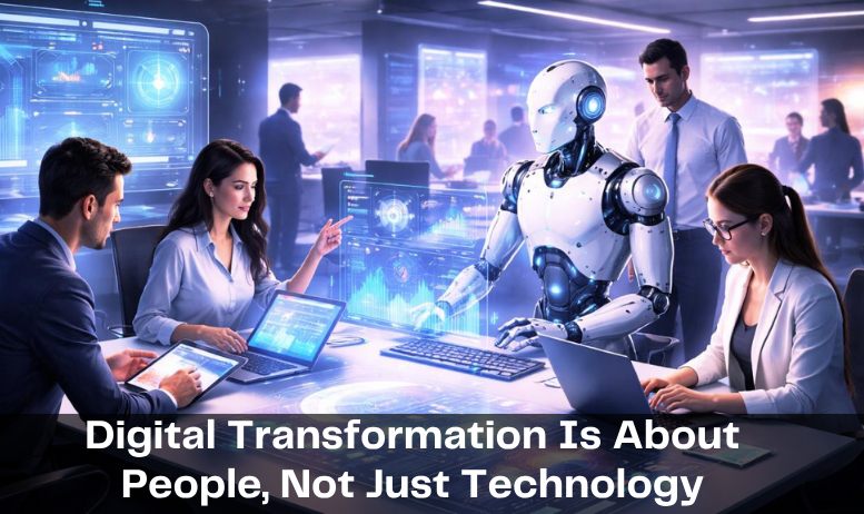 Digital transformation strategy showing people and technology working together for business growth
