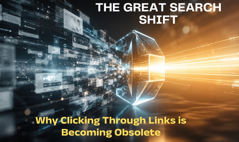"Abstract digital art showing chaotic floating browser windows transforming into a single focused beam of golden light, symbolizing the shift from traditional search to AI search clarity."