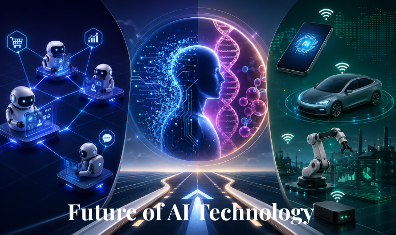 Future of AI technology showing autonomous agent ecosystems, AI infrastructure, and emerging AI trends beyond 2027.