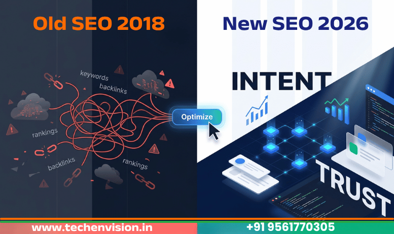 Comparison of old vs new IT SEO strategies for 2026 showing chaos to clarity