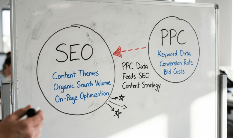Digital marketing war room map showing SEO vs PPC strategic divide and resource allocation.