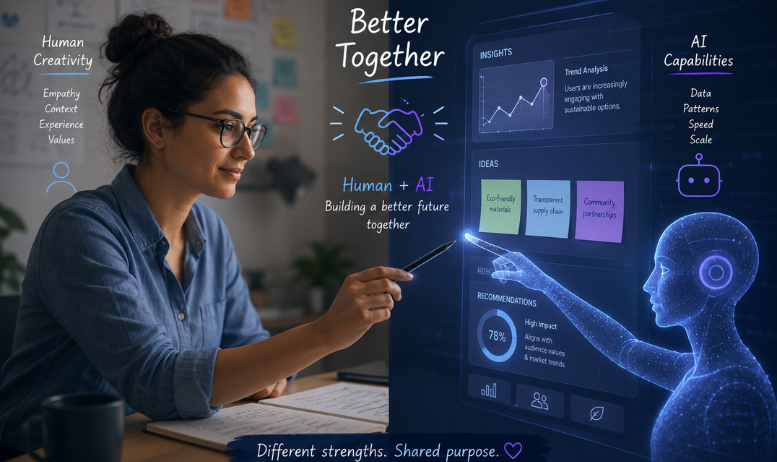 Professional collaborating with AI tools to solve complex business problems and AI Can't Replace me