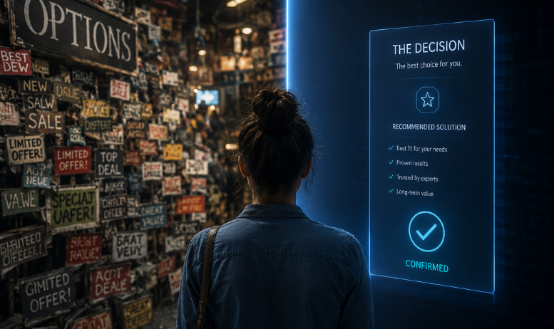Conceptual illustration showing the shift from Google search options to an AI-generated single decision with AI SEO strategies.