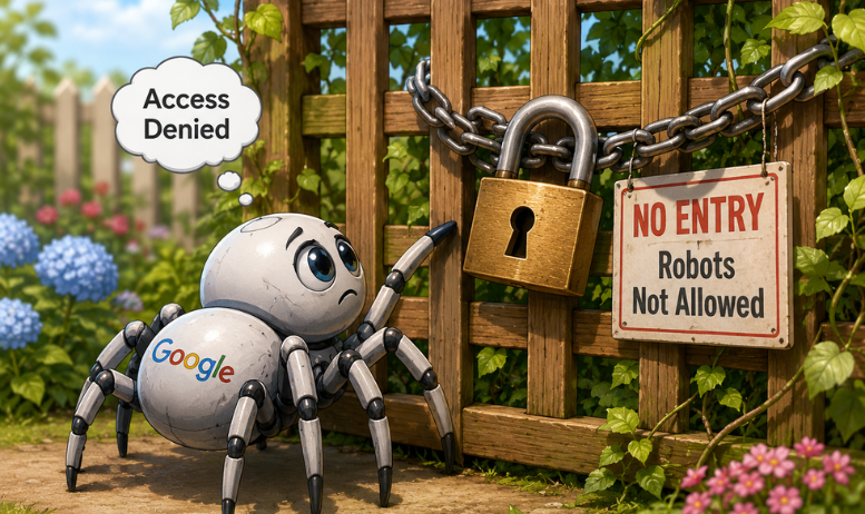 Illustration representing crawlers being blocked by robots.txt files with Indexing Errors.