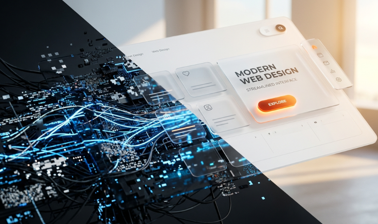 "Abstract 3D visualization showing web design evolution from complex chaotic data streams to a clean, minimalist user interface representing 2026 UI/UX trends."