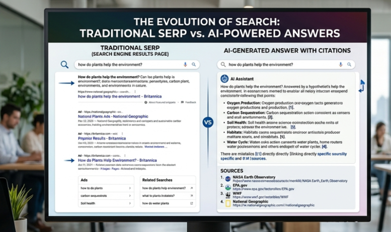Traditional Google SERP versus AI search result showing cited sources and synthesized answer.