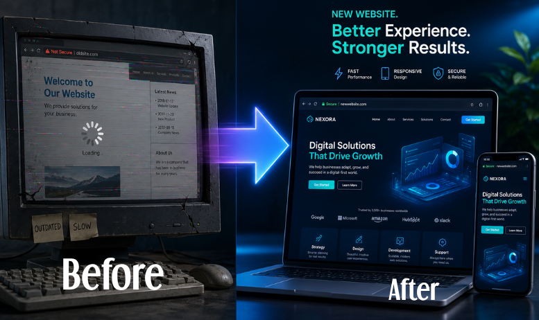 "Signs your website needs a redesign in 2026 shown on desktop and mobile"