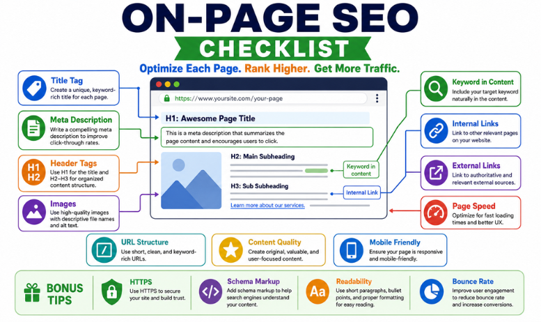 On-page SEO checklist infographic showing 11 essential steps including title tag, meta description, header tags, and mobile optimization