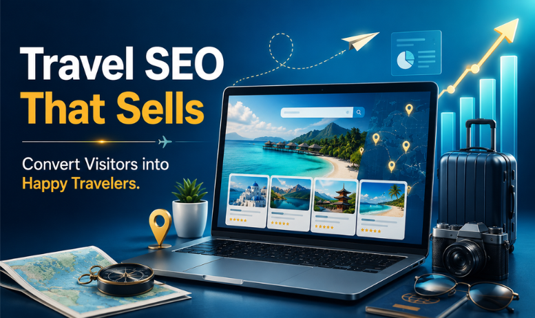 A sleek, modern laptop screen showcasing a travel booking website with tropical holiday packages, surrounded by clean digital marketing growth analytics and SEO search icons.