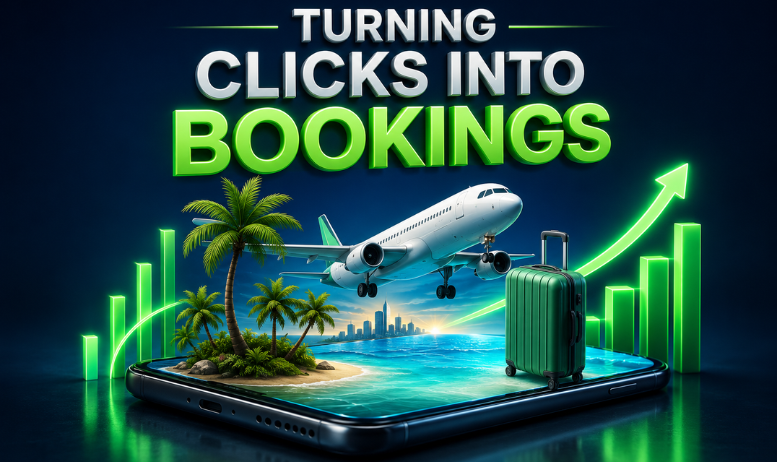 Modern 3D digital illustration displaying travel booking optimization, featuring a miniature airplane and suitcase emerging from a sleek smartphone screen, representing TechEnvision's conversion growth strategies.