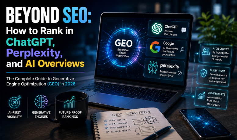A professional digital marketer analyzing data and working on Generative Engine Optimization strategies for AI search visibility.
