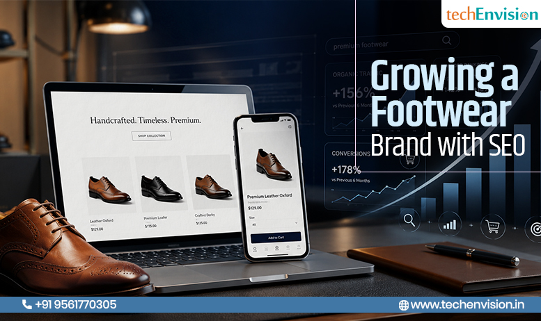 Techenvision eCommerce SEO strategy for footwear brands showing organic traffic growth, product visibility, and online sales improvement
