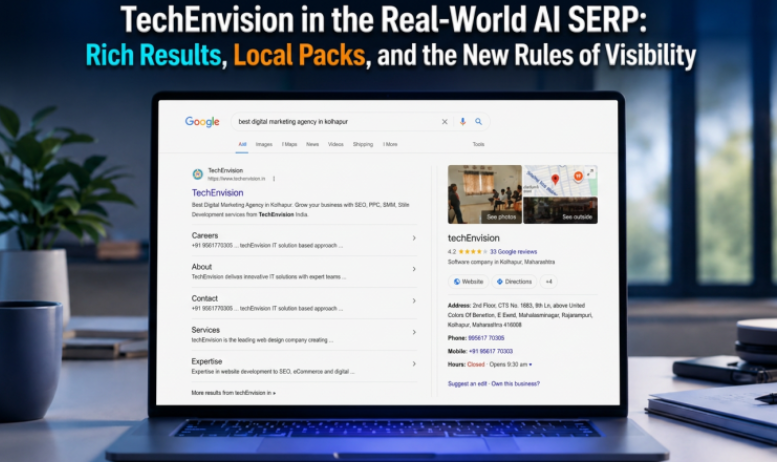 3D realistic render of Google search results showing AI Overviews and featured snippets replacing traditional blue links