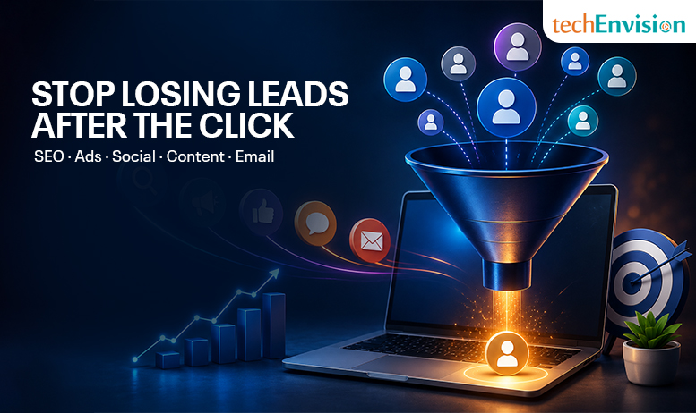 1. Full funnel digital marketing services diagram with SEO, PPC, social, content, and email feeding one landing page