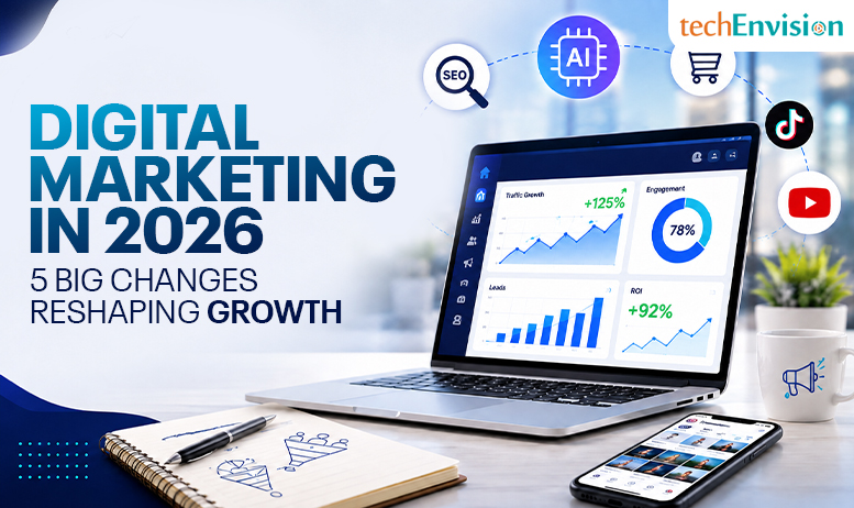 Digital marketing trends 2026 showing GEO, AEO, video, social search, and AI tools